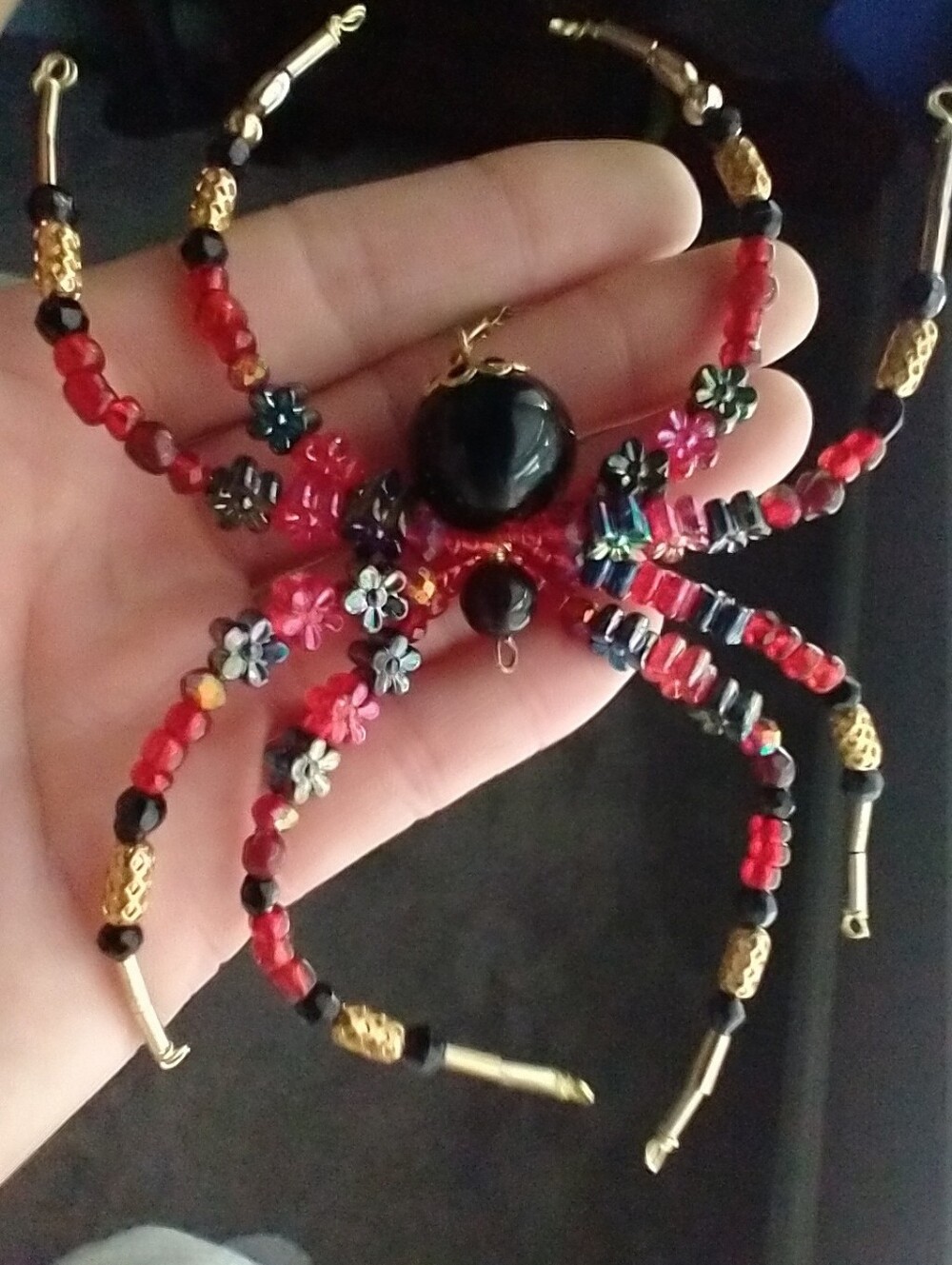 Hand Crafted • Red & Black Floral Beaded Spider Pendant - Picture 9 of 16